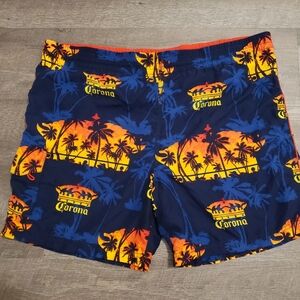 Corona Extra Swim Shorts Pocket Blue Orange Red Palm Trees Corona Crown Size L
